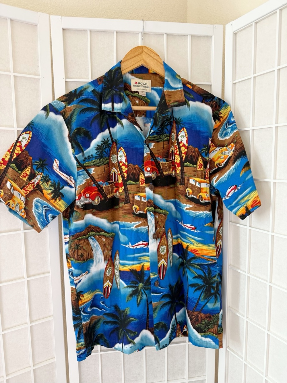 Royal Hawaiian Creations Colorful Surf Surfboard Truck Aloha Button Down Shirt